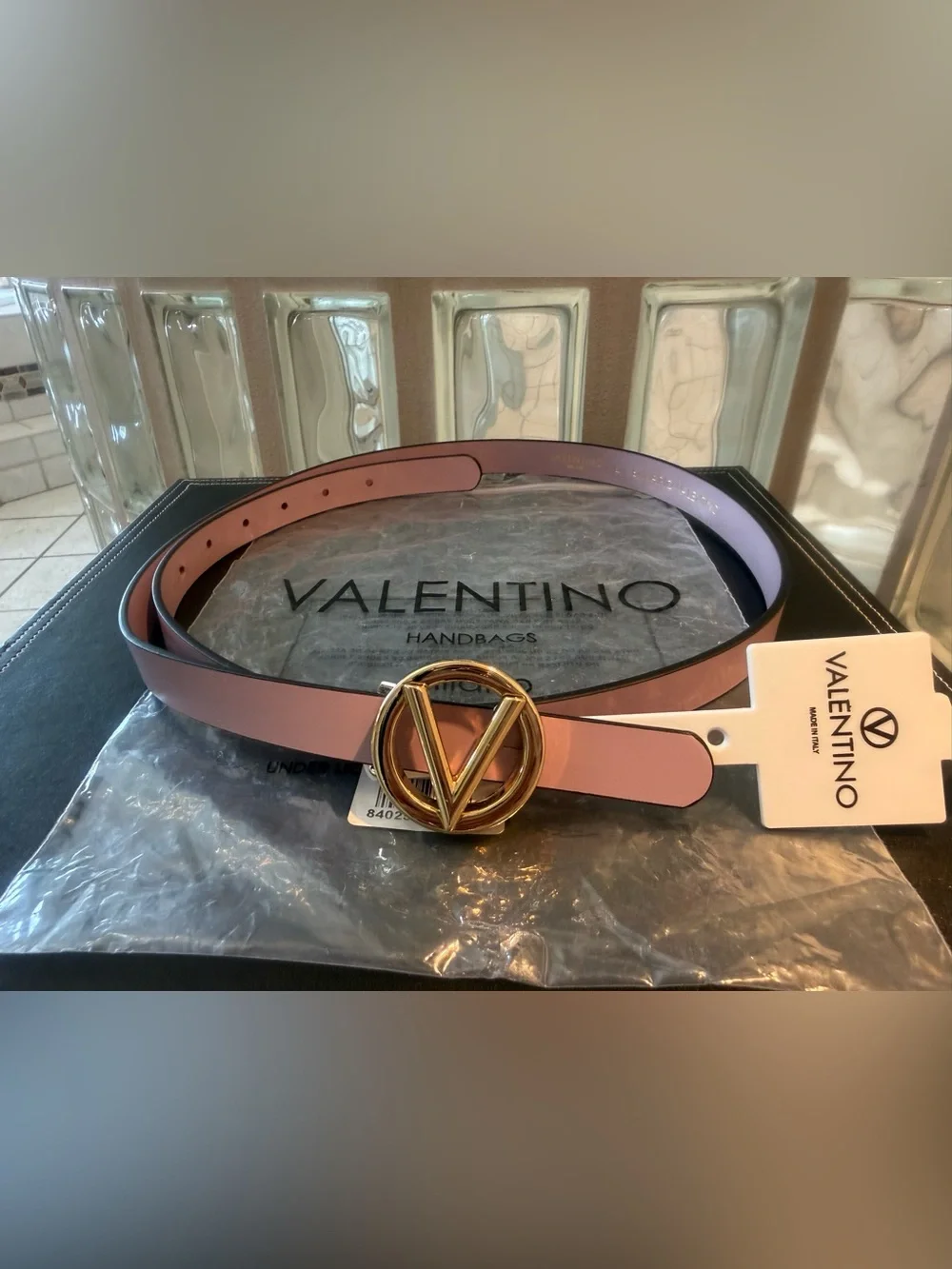 Valentino by Mario Valentino Lavender Leather Belt, Gold Logo Buckle, NWT Size L